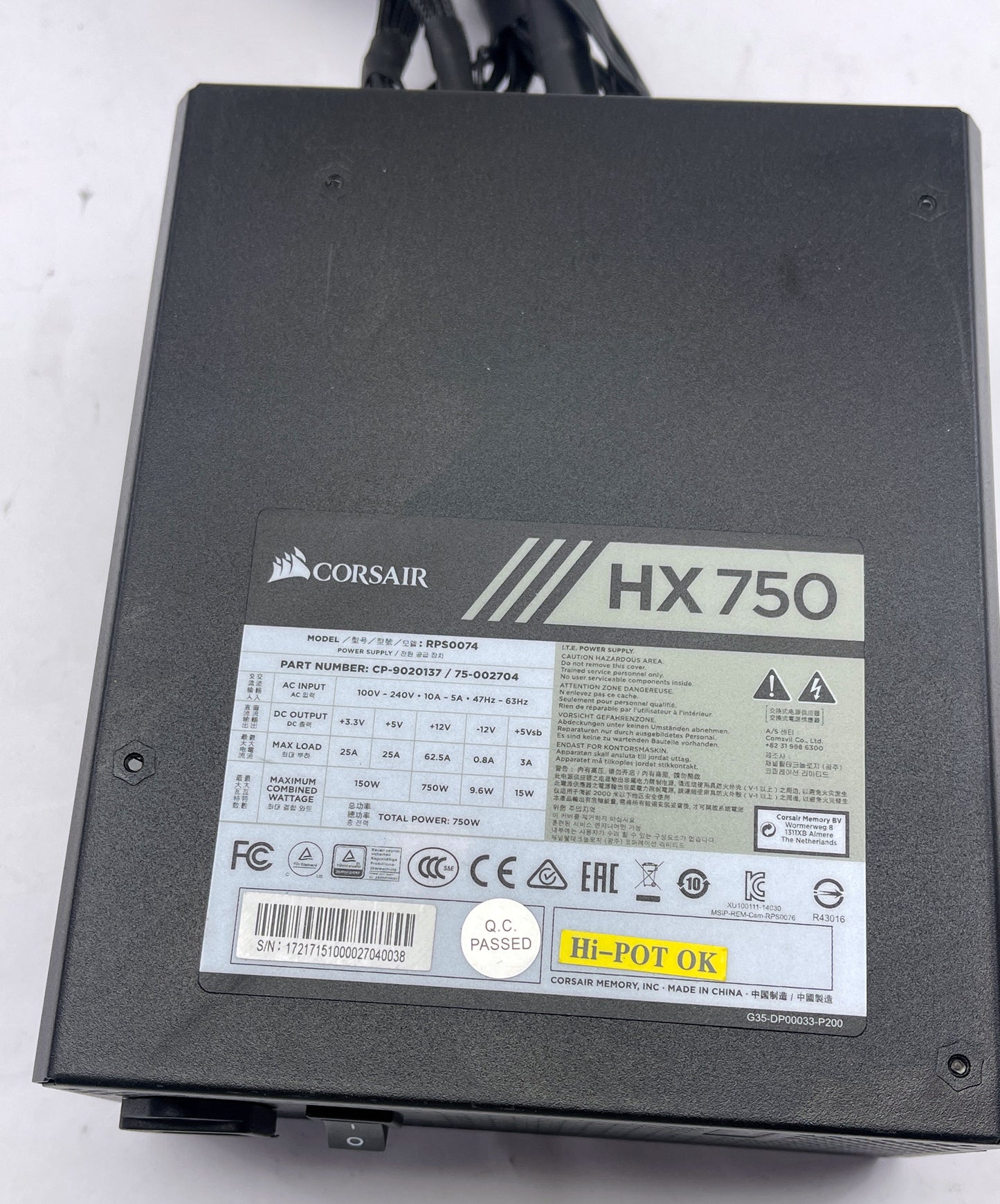 CORSAIR HX Series HX750 RPS0074 Power Supply CP-9020137 / 750W Desktop PC PSU- Pre-Owned- Tested