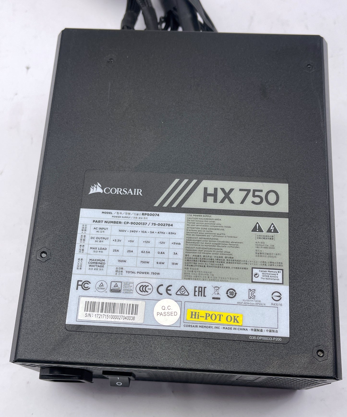 CORSAIR HX Series HX750 RPS0074 Power Supply CP-9020137 / 750W Desktop PC PSU- Pre-Owned- Tested