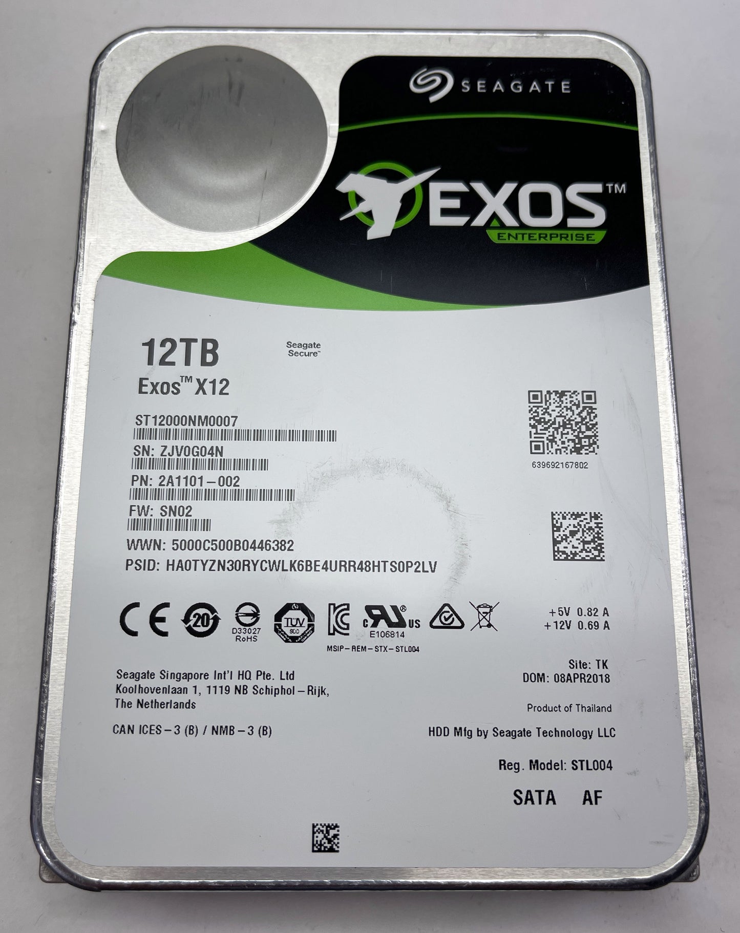 SEAGATE EXOS ST12000NM0027 12TB 7200 RPM 256MB 12.0Gb/s SAS 3.5" Internal HDD-Used